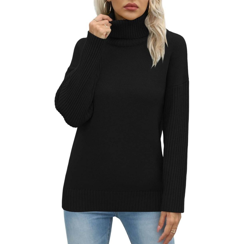 Jouica Women's S Black Turtleneck Chunky Oversized Tunic Sweater Pullover Casua